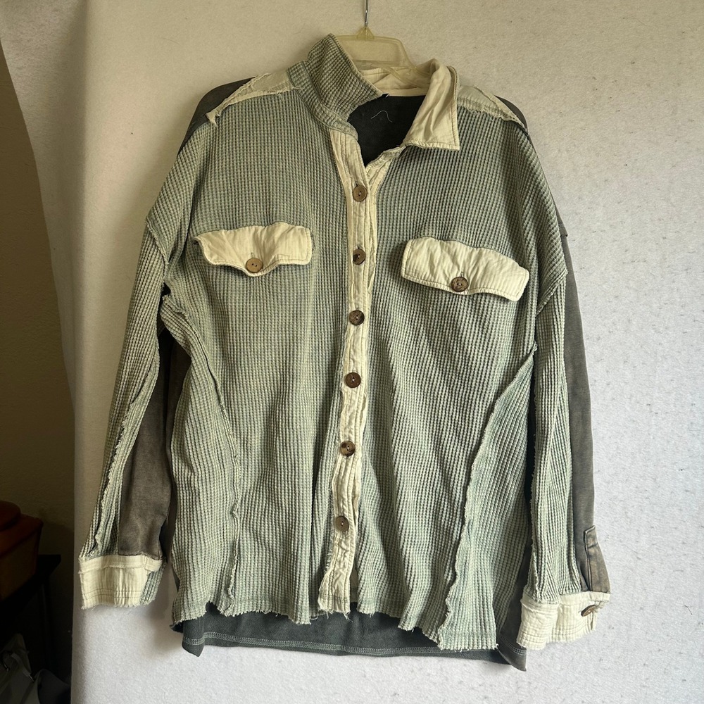 BKE Womens Mixed Media Thermal Waffle Knit Button Down Shirt Sage Green Grey L